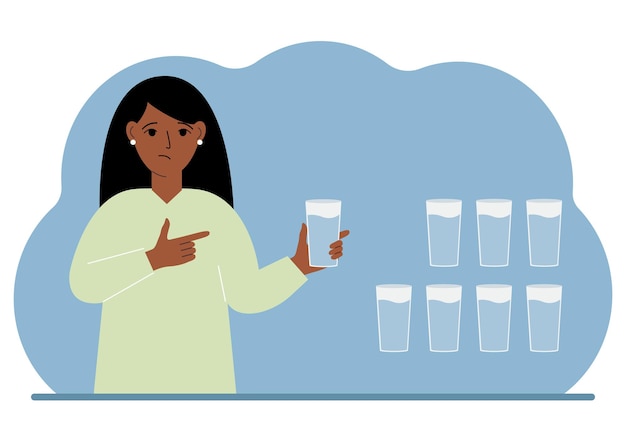 The woman is holding a glass of water Water balance infographic 8 glasses of water every day Healthy lifestyle