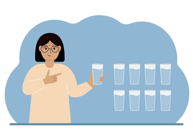 The woman is holding a glass of water Water balance infographic 8 glasses of water every day Healthy lifestyle