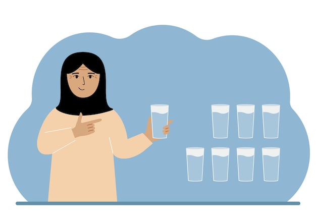 The woman is holding a glass of water Water balance infographic 8 glasses of water every day Healthy lifestyle