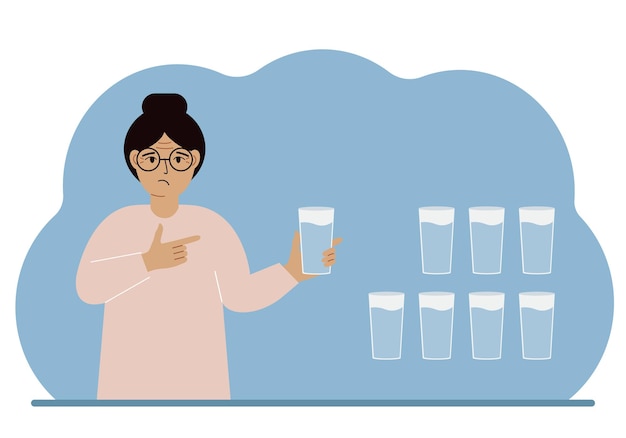 The woman is holding a glass of water Water balance infographic 8 glasses of water every day Healthy lifestyle