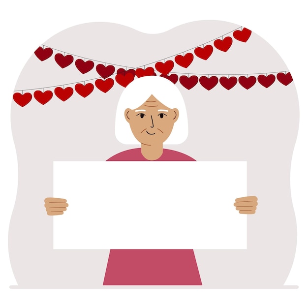 A woman is holding a large blank sheet for text There are many red hearts nearby The concept of Happy Women Valentine's Day father's day declaration of love or holiday