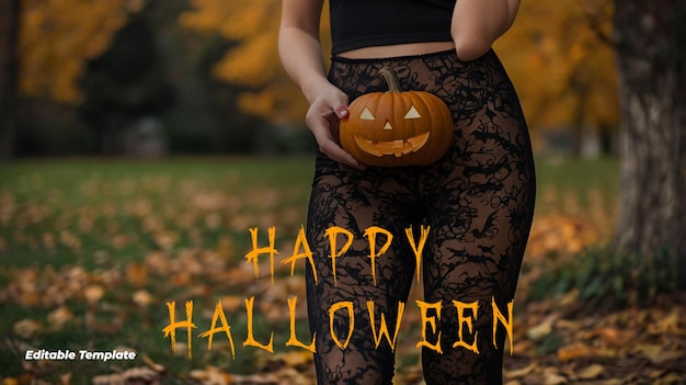 Vector a woman is holding a pumpkin that says happy halloween on it