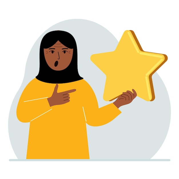 The woman is holding a star Service rating or positive user rating Consumer review of the product Feedback