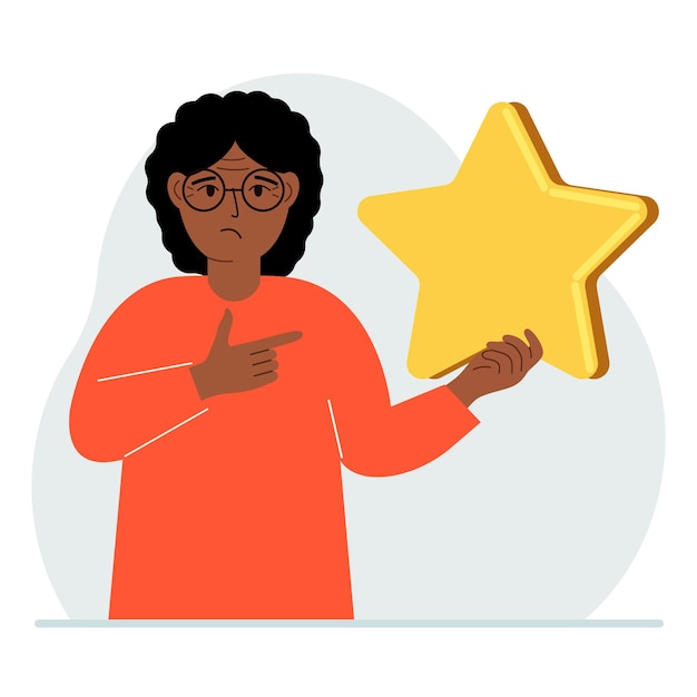 The woman is holding a star Service rating or positive user rating Consumer review of the product Feedback