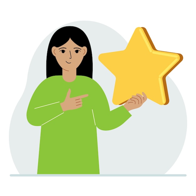 The woman is holding a star Service rating or positive user rating Consumer review of the product Feedback