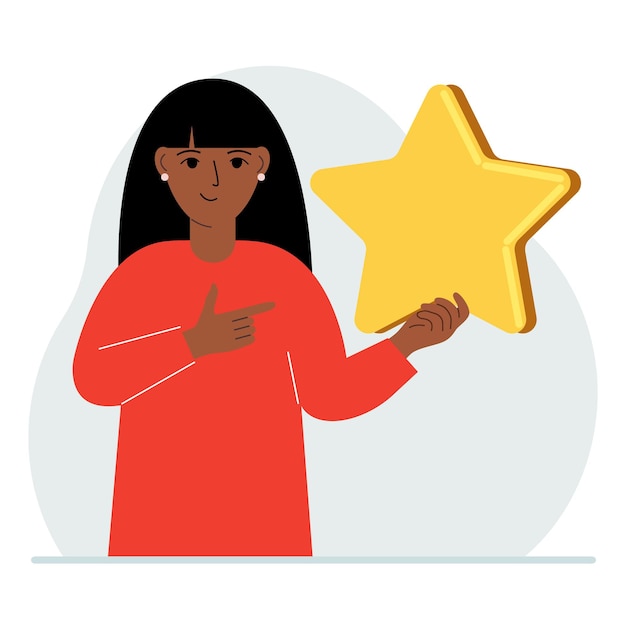 The woman is holding a star Service rating or positive user rating Consumer review of the product Feedback