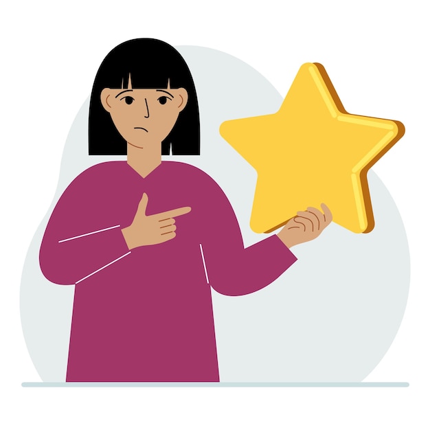 The woman is holding a star Service rating or positive user rating Consumer review of the product Feedback