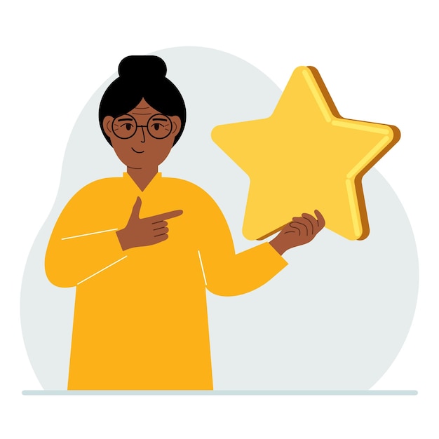 The woman is holding a star Service rating or positive user rating Consumer review of the product Feedback