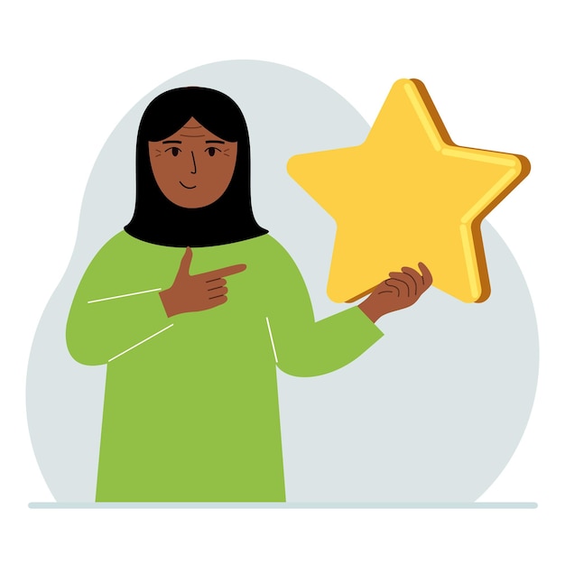 The woman is holding a star Service rating or positive user rating Consumer review of the product Feedback