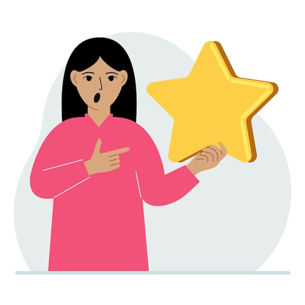 The woman is holding a star Service rating or positive user rating Consumer review of the product Feedback