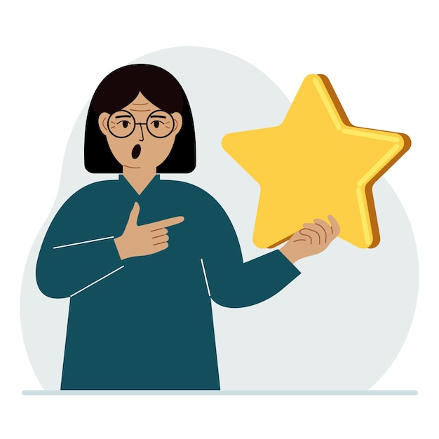 The woman is holding a star Service rating or positive user rating Consumer review of the product Feedback