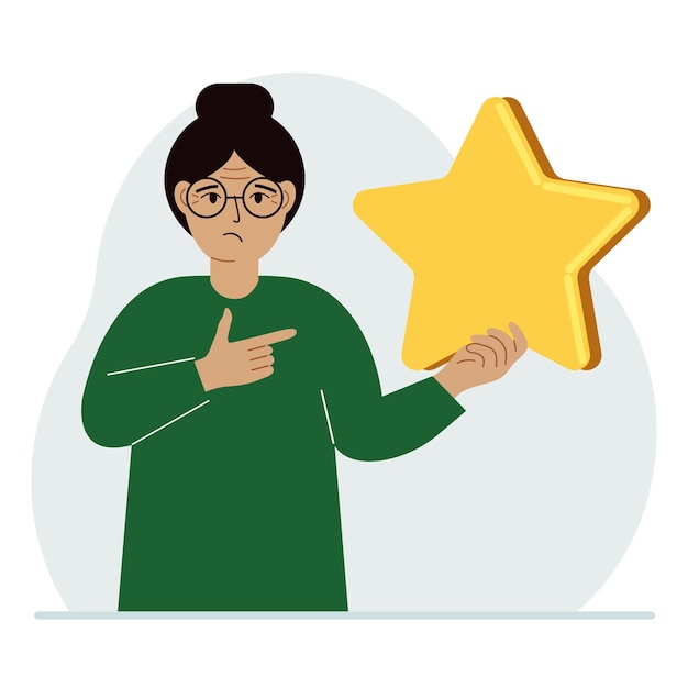 The woman is holding a star Service rating or positive user rating Consumer review of the product Feedback