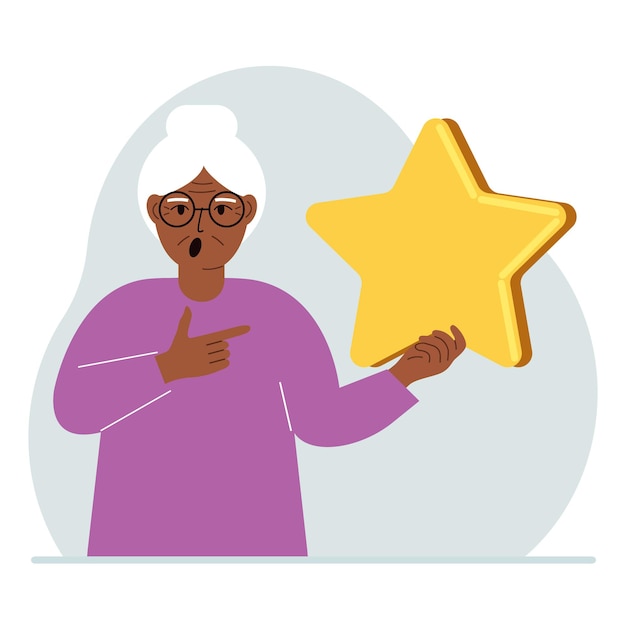 The woman is holding a star Service rating or positive user rating Consumer review of the product Feedback