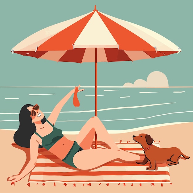 Vector a woman is laying on a beach with a dog and an umbrella