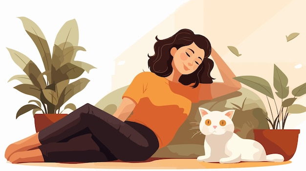 a woman is laying on a couch with a cat