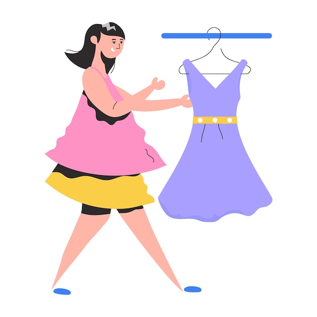 A woman is looking at a dress on a hanger.