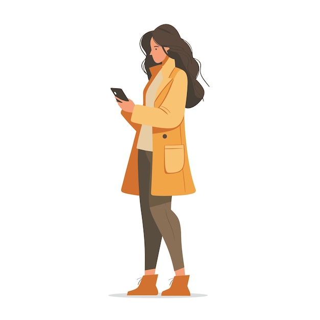 A woman is looking at her phone a flat illustration on a white background