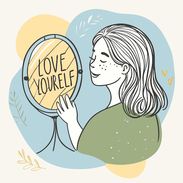 Vector a woman is looking at a mirror with the words love youre yourself written on it