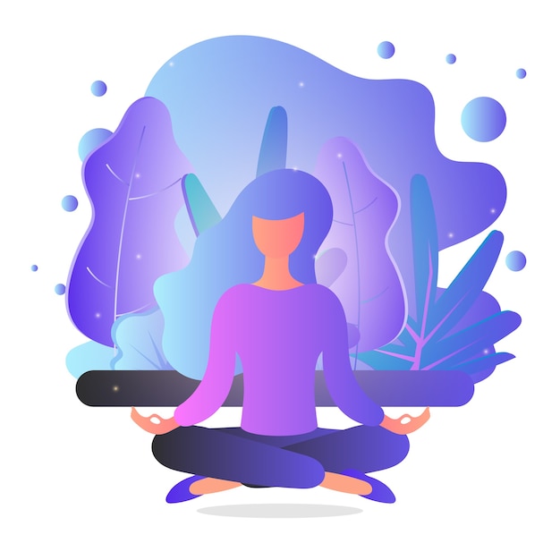 Woman is meditating on nature and leaves. Concept illustration for yoga, meditation, relaxation.