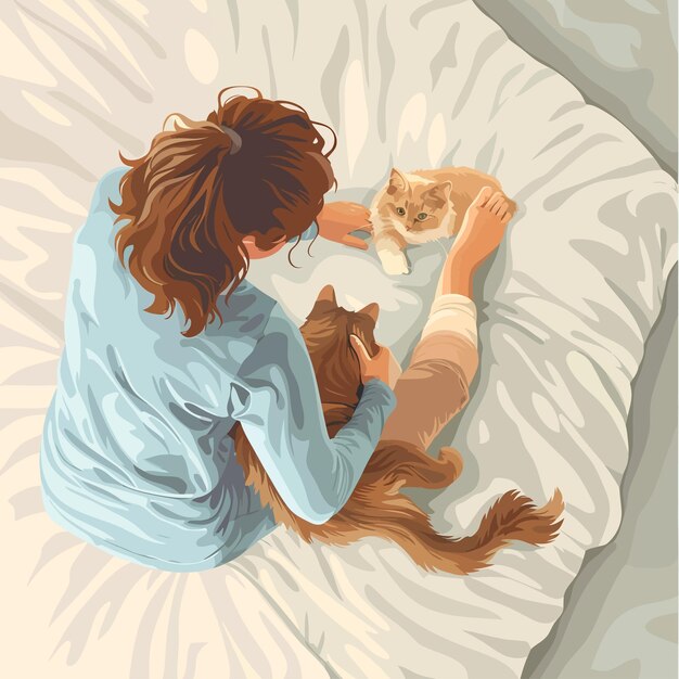 Vector a woman is playing with a cat on a bed