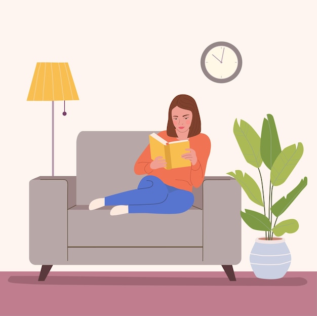 woman is relaxing on comfortable chair and reading book