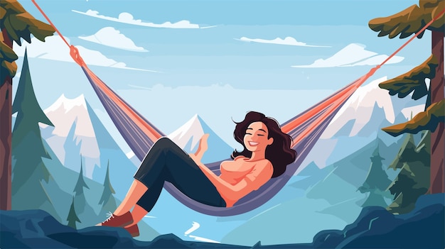 Vector a woman is relaxing in a hammock with mountains in the background