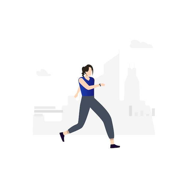 A woman is running in front of a cityscape.