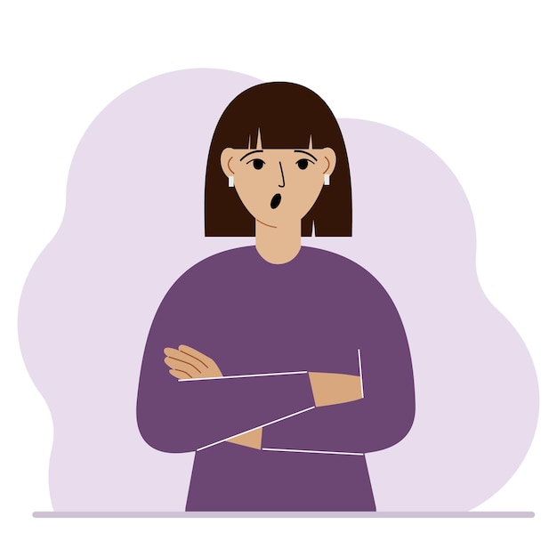 The woman is screaming and upset. The arms are crossed over the chest. Vector flat illustration