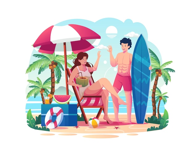 A woman is sitting on a beach chair greeting a man with surfboard on the summer beach illustration