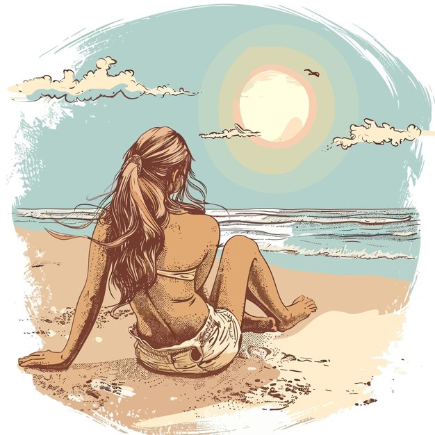 Vector a woman is sitting on the beach with the sun shining on her face