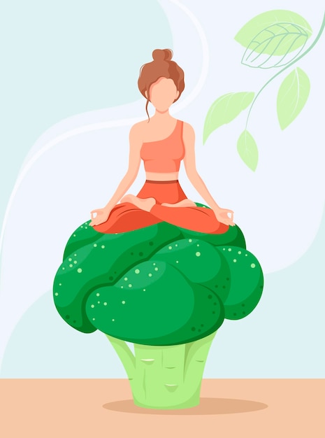 A woman is sitting on a broccoli. Healthy nutrition. Cartoon design.