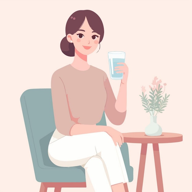 a woman is sitting in a chair with a glass of water