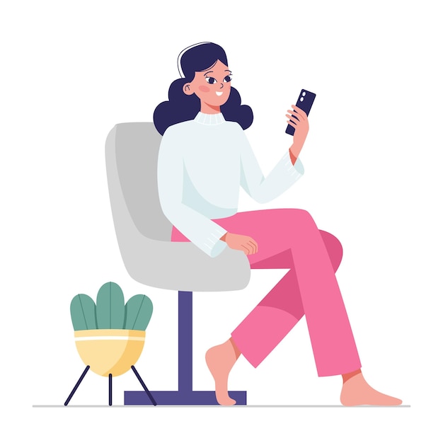 A woman is sitting on a chair with a phone in her hands The concept of online ordering shopping and delivery