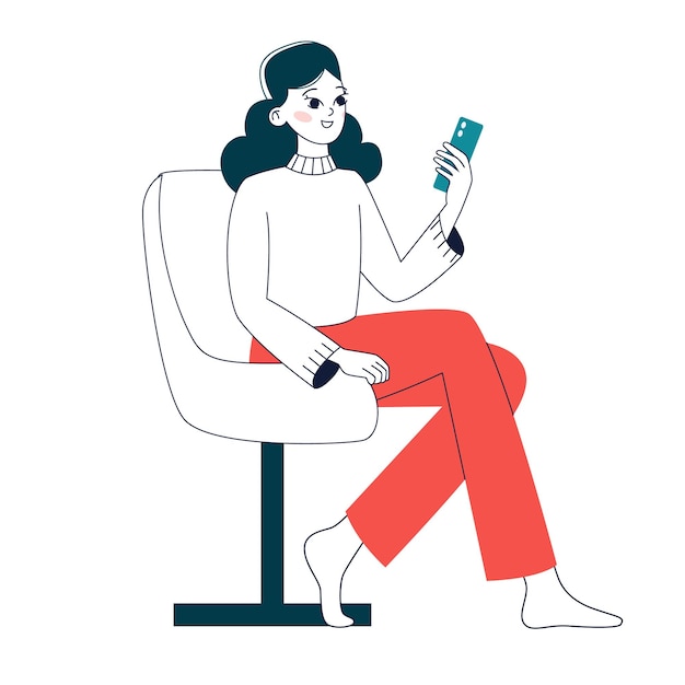 A woman is sitting in a chair with a phone in her hands Outline vector illustration