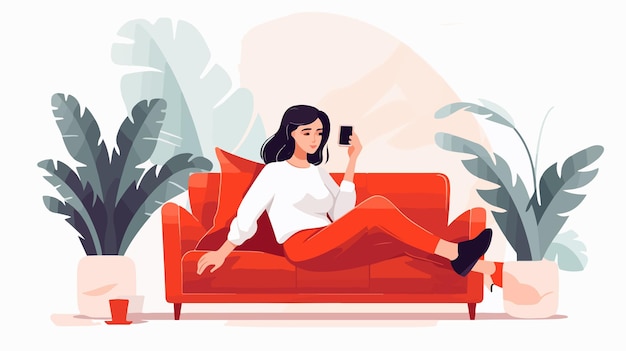 Vector a woman is sitting on a couch and looking at her phone