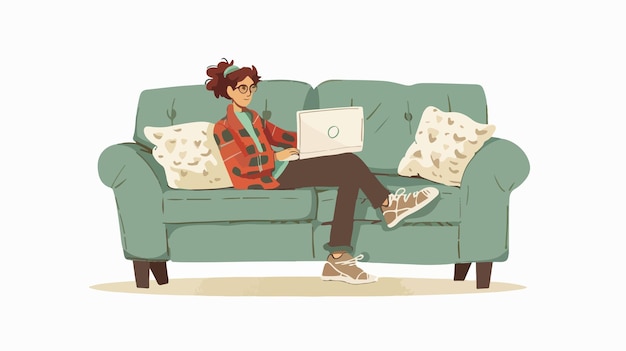 Vector a woman is sitting on a couch with a laptop