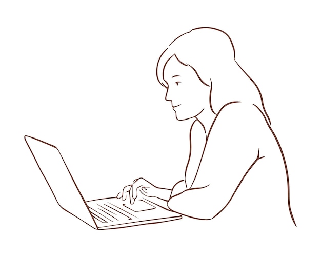 A woman is sitting at a laptop The girl is surfing the Internet or working at a computer