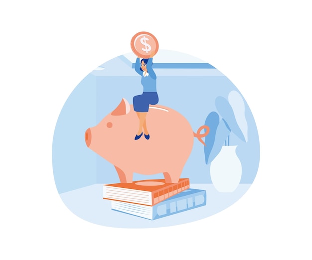 Vector a woman is sitting on a piggy bank and holding coins invest money in education financial education concept flat vector illustration