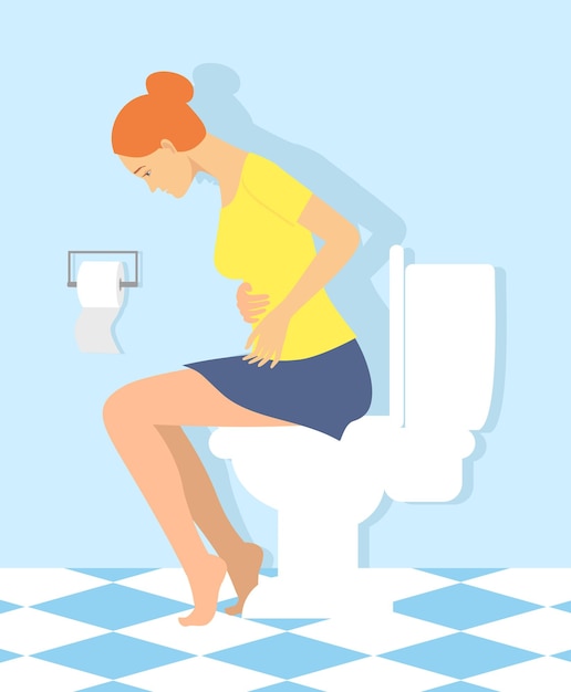 Vector woman is sitting on the toilet urinary bladder problem or sickness concept stomachache woman