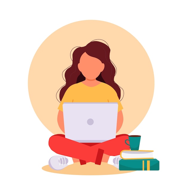 Vector a woman is sitting with a laptop girl working or learning at home online job vector illustration