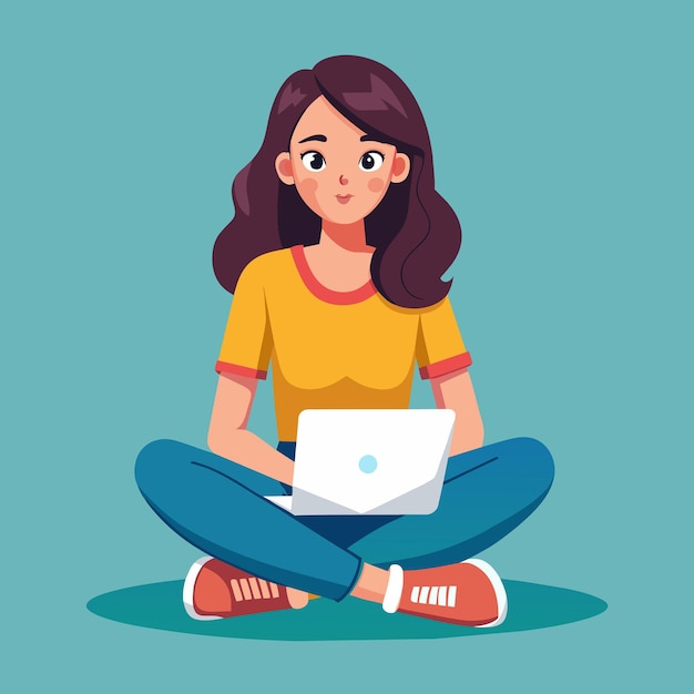 Vector woman is sitting with laptop