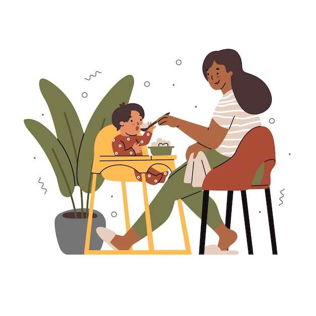 A woman is spoonfeeding a baby sitting in a child seat Caring for relatives Single mother Flat style in vector illustration