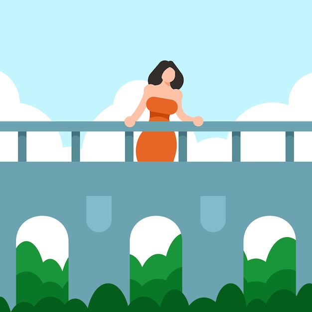 A Woman Is Standing On A Bridge Vector Image, Isolated On White Background