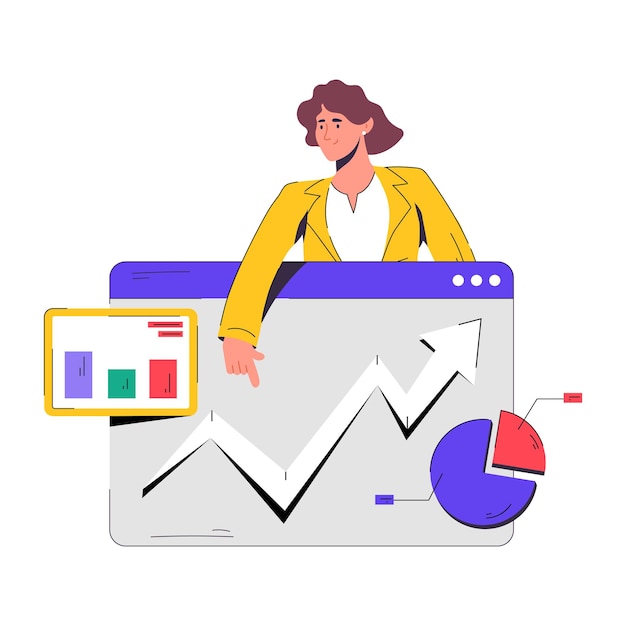 A woman is standing behind a chart that shows a chart and a pie chart.