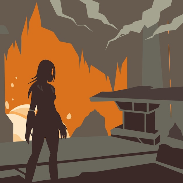 Vector a woman is standing in front of a fire place