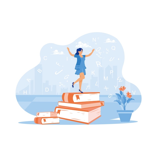 A woman is standing on a pile of books Learning or educational goals Self improvement concept