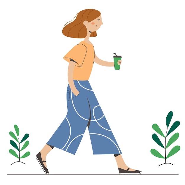 A woman is walking with a cup of coffee