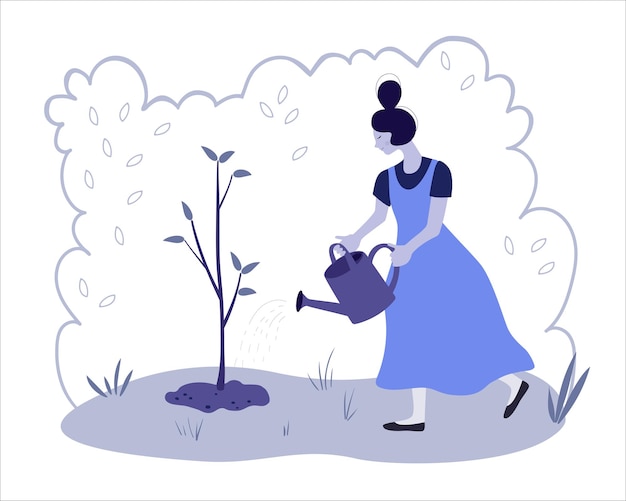 A woman is watering a tree with a watering can. The girl takes care of her garden. Gardening.