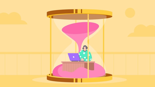 A woman is working in front of a hourglass.