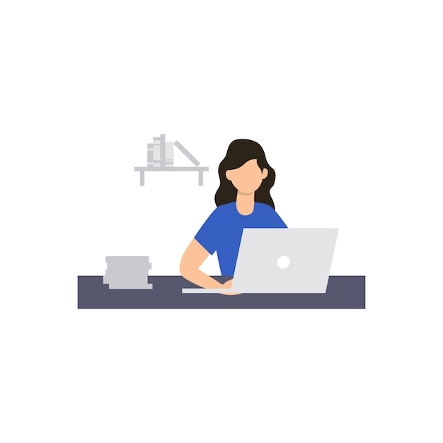 A woman is working on her laptop in front of a white background.